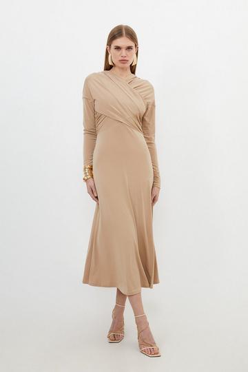 Ruched Jersey Crepe Maxi Dress sand