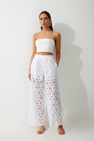 White Petite Broderie Woven Trouser