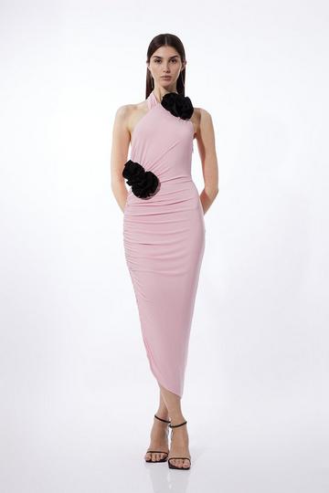 Pink Contrast Jersey Rosette Midi Dress