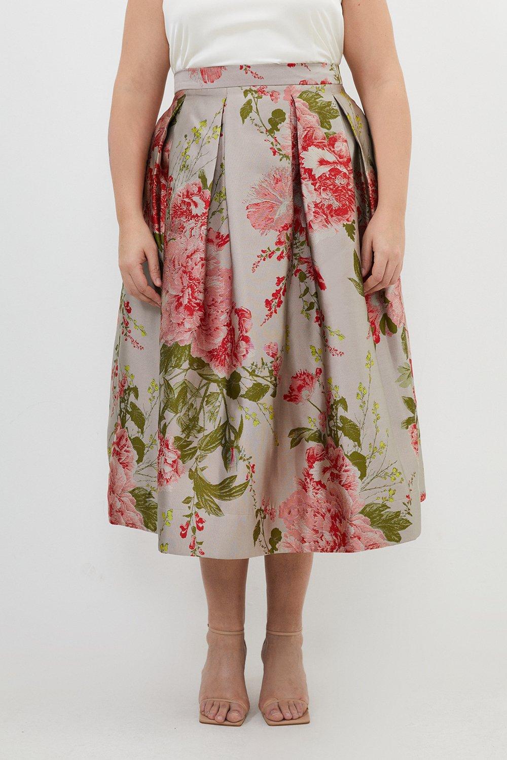 Plus Size Vintage Floral Print Woven Prom Midi Skirt | Karen Millen