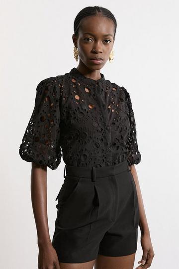 Black Woven Broderie Short Sleeve Blouse