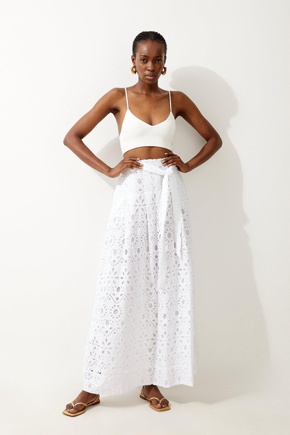 White Eyelet Woven Maxi Skirt