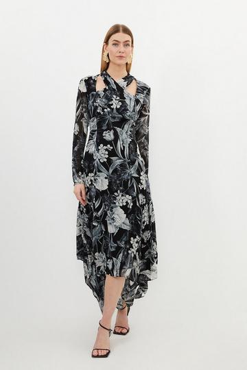 Black Petite Mono Floral Viscose Georgette Woven Maxi Dress