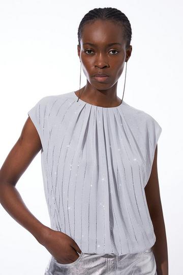 Silver Embellished Woven Sleeveless Top