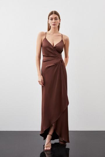 Premium Ruched Satin Slip Woven Maxi Dress chocolate