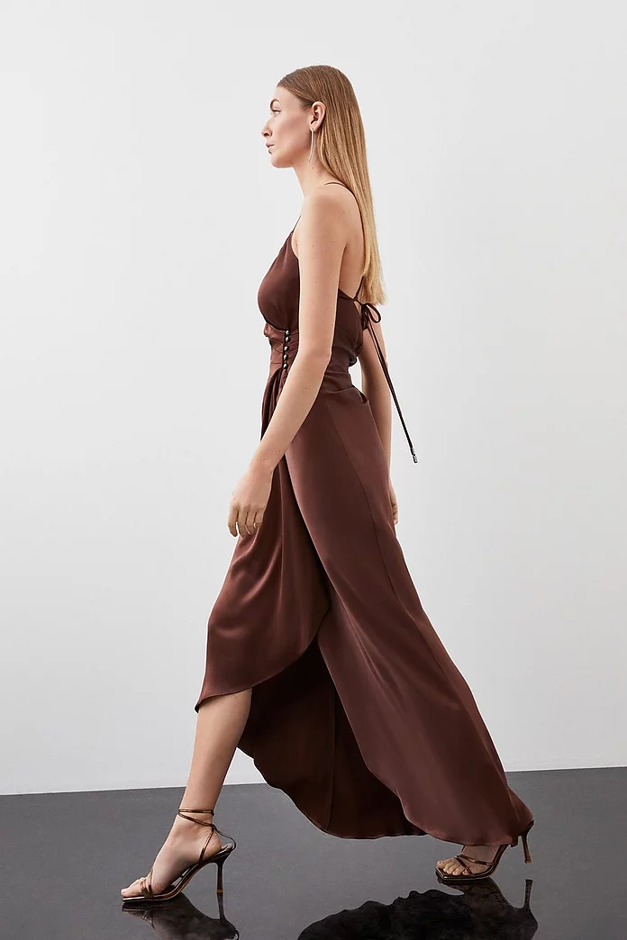 Premium Ruched Satin Slip Woven Maxi Dress | Karen Millen Premium Ruched Satin Slip Woven Maxi Dress | Karen Millen