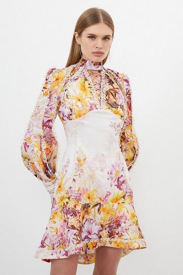 Multi Petite Trailing Floral Woven Plunge Mini Dress