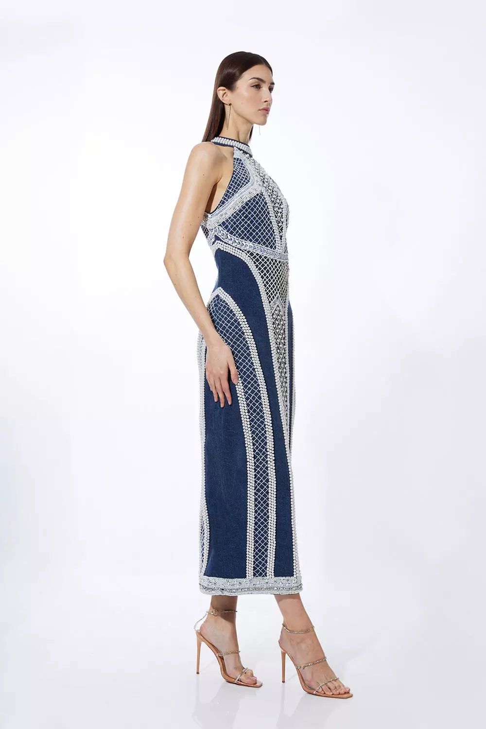 Embellished Pearl Denim Woven Maxi Dress | Karen Millen