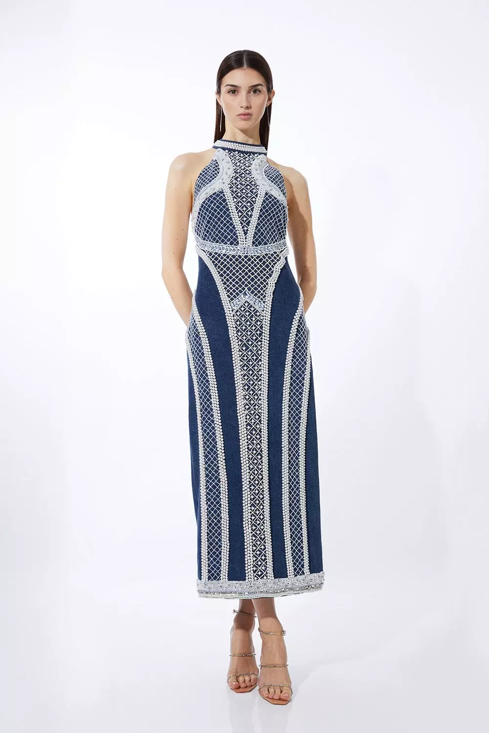 Embellished Pearl Denim Woven Maxi Dress | Karen Millen
