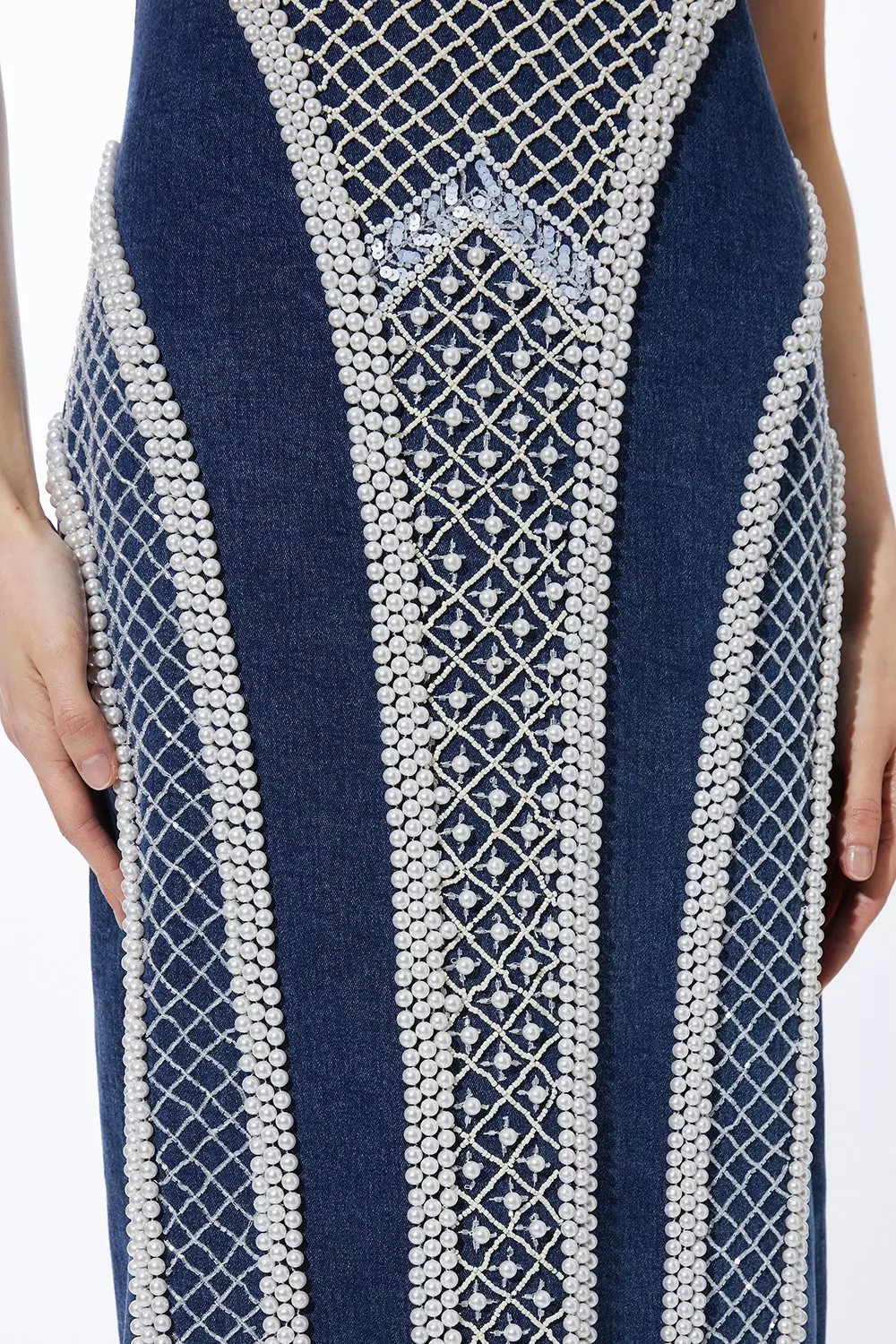 Embellished Pearl Denim Woven Maxi Dress | Karen Millen