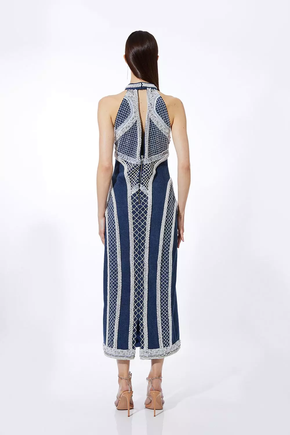 Embellished Pearl Denim Woven Maxi Dress | Karen Millen