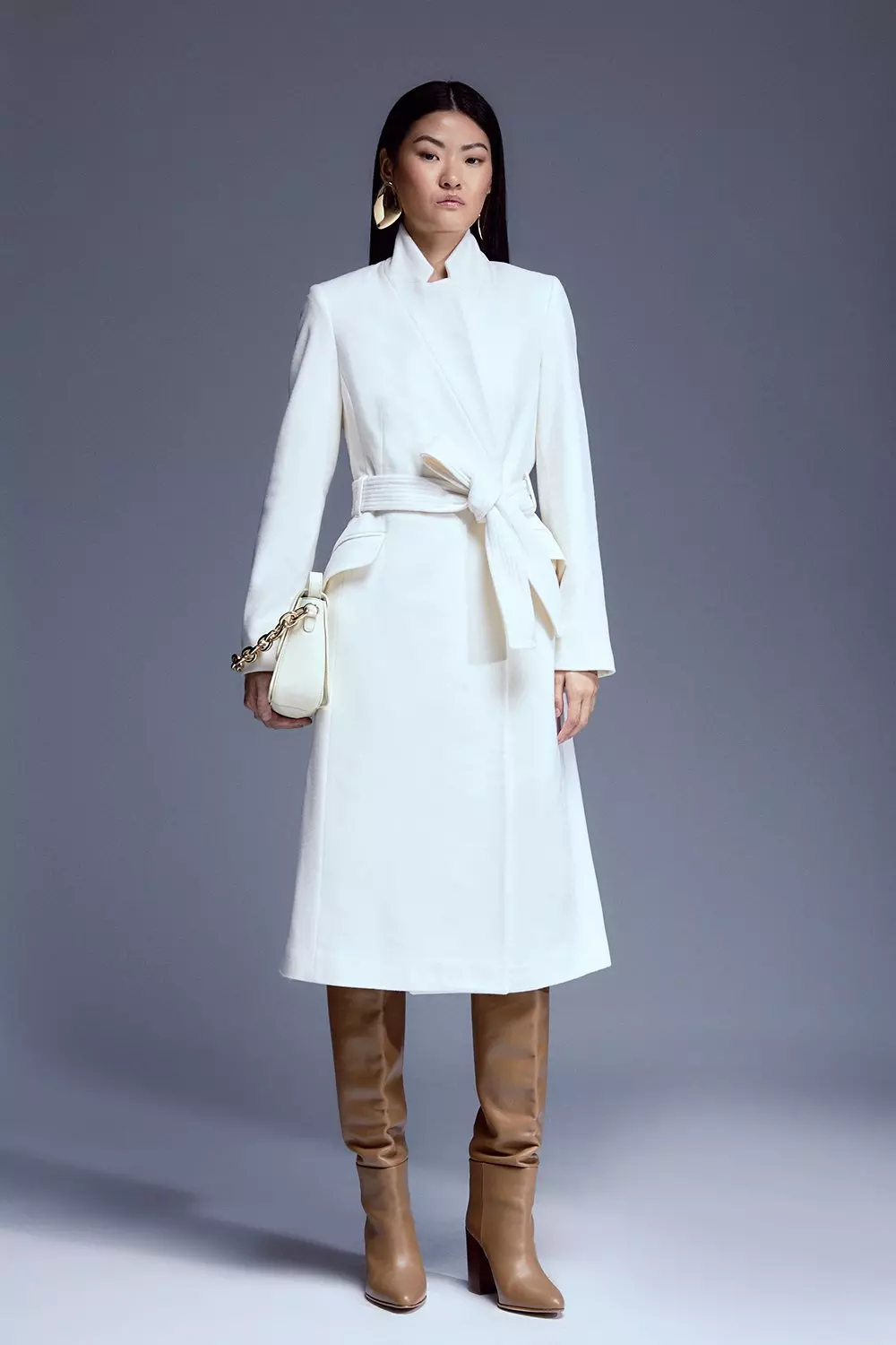 muguet stand collar midi coat  (ivory） Tailored Double Breasted Pleat Detail Full Skirt Midi Coat