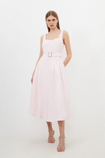 Blush Pink Premium Tailored Linen Square Neck Belted Midi Dress