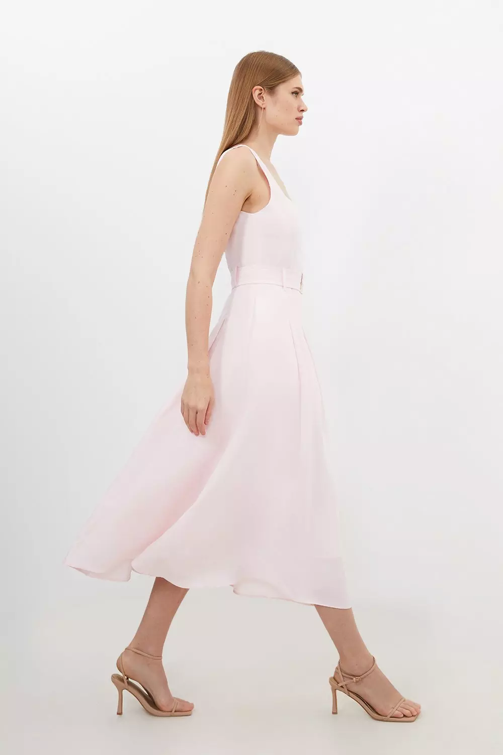 関送込【KAREN MILLEN】サテンボウタイネックテーラードドレス Premium Tailored Linen Square Neck Belted Midi Dress | Karen