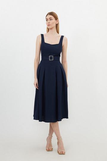 Premium Tailored Linen Square Neck Belted Midi Dress navy