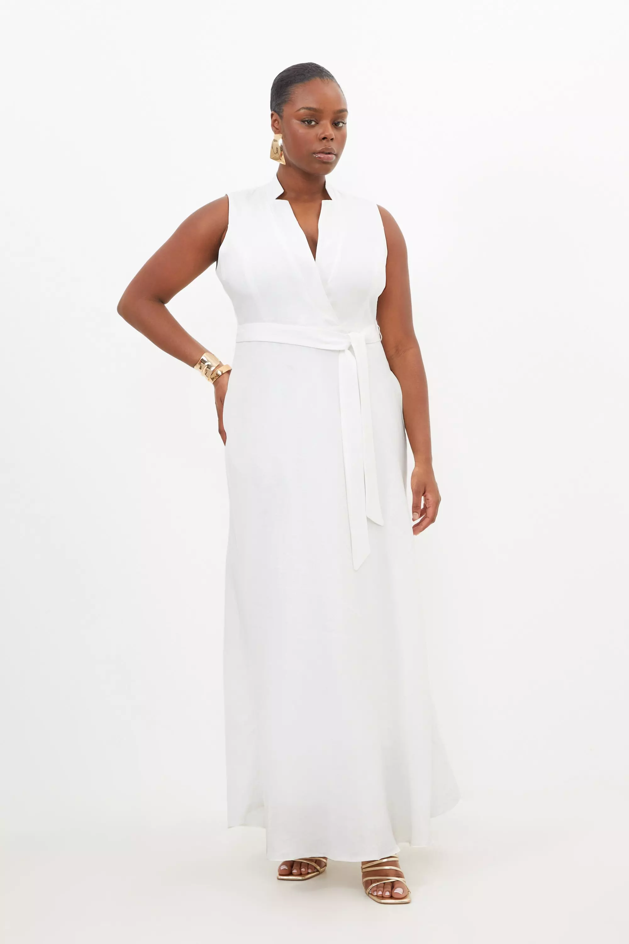 Plus Size Premium Tailored Linen Notch Neck Belted Dress | Karen Millen