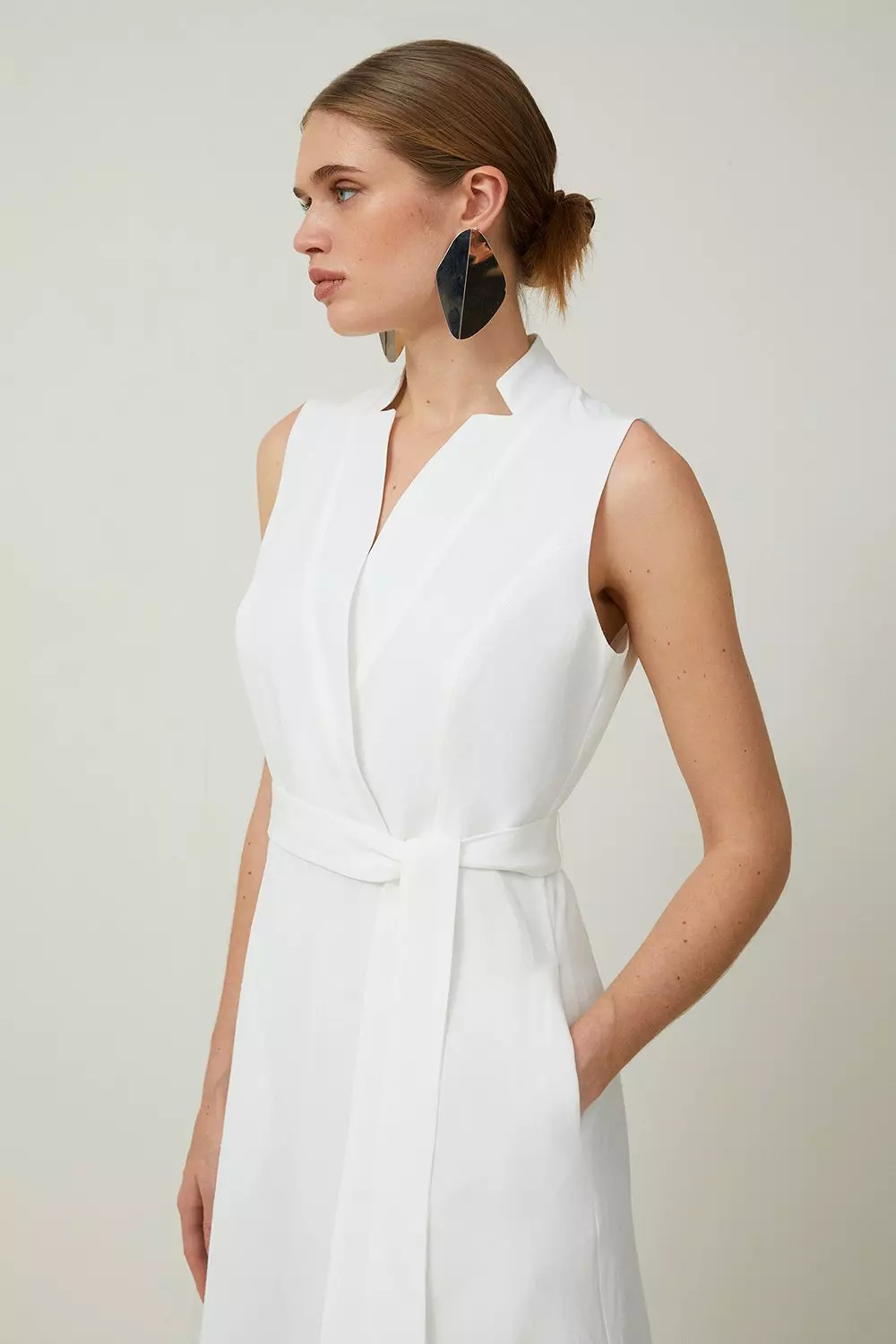 Petite Premium Tailored Linen Notch Neck Belted Midaxi Dress Karen Millen