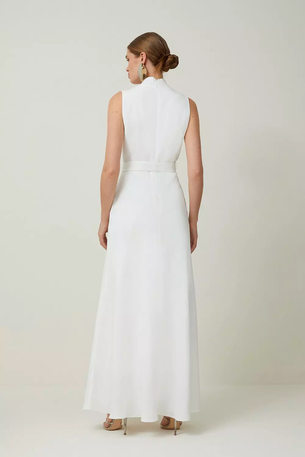 Petite Premium Tailored Linen Notch Neck Belted Midaxi Dress