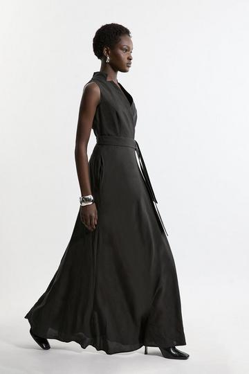 Black Premium Tailored Linen Notch Neck Belted Midaxi Dress