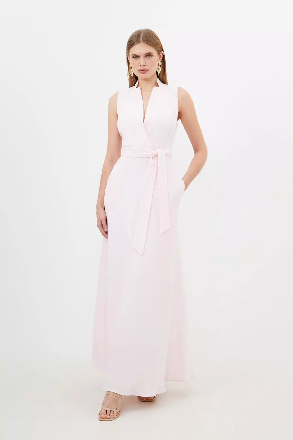 Premium Tailored Linen Notch Neck Belted Midaxi Dress Karen Millen