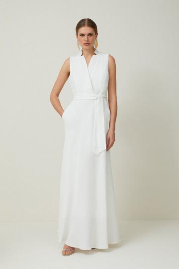 Premium Tailored Linen Notch Neck Belted Midaxi Dress ivory