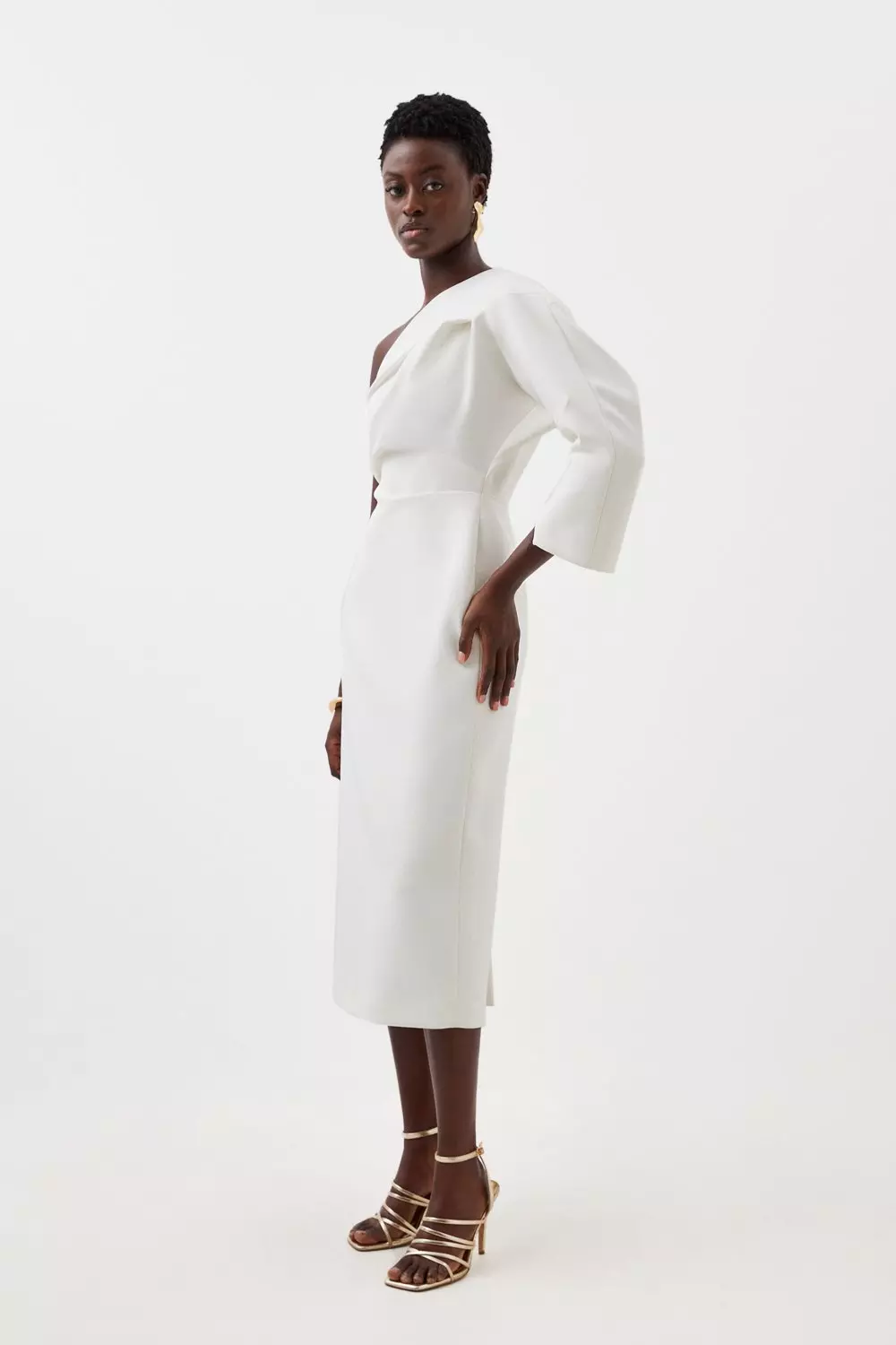 KAREN MILLEN マキシコート テーラード ホワイト ストレッチ Soft Tailored Cross Over Neck High Low Midi Dress | Karen Millen