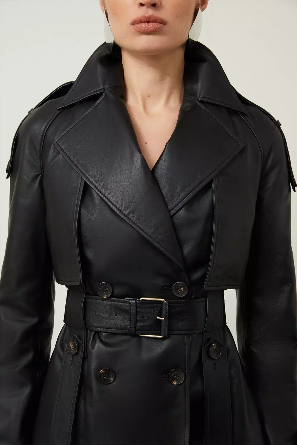 Leather Short Belted Trench Coat | Karen Millen