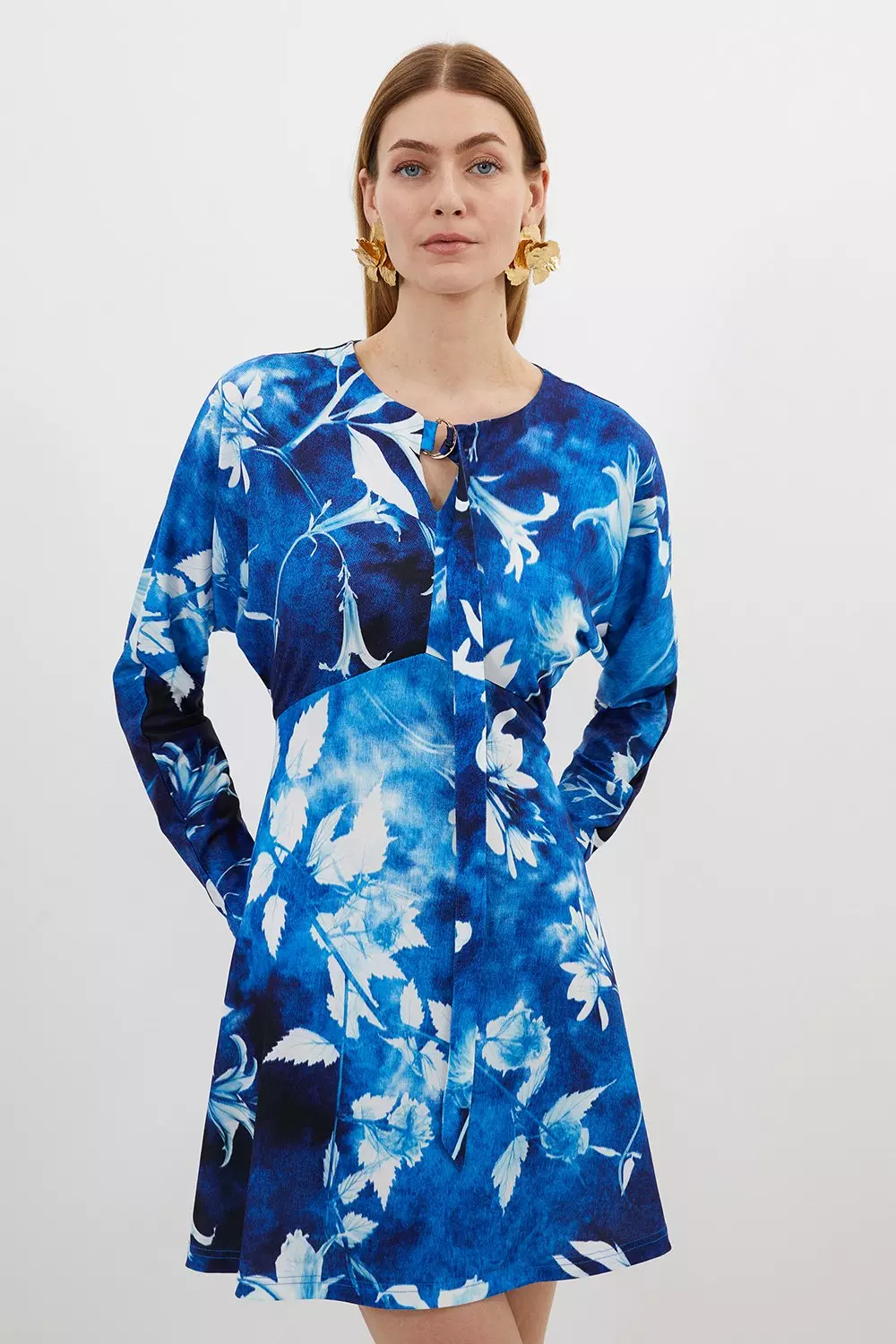 Pressed Floral Print Jersey Crepe Batwing Sleeve Mini Dress Karen Millen