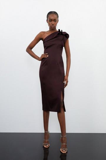 Italian Structured Satin Ruffle Midi Dress chocolate