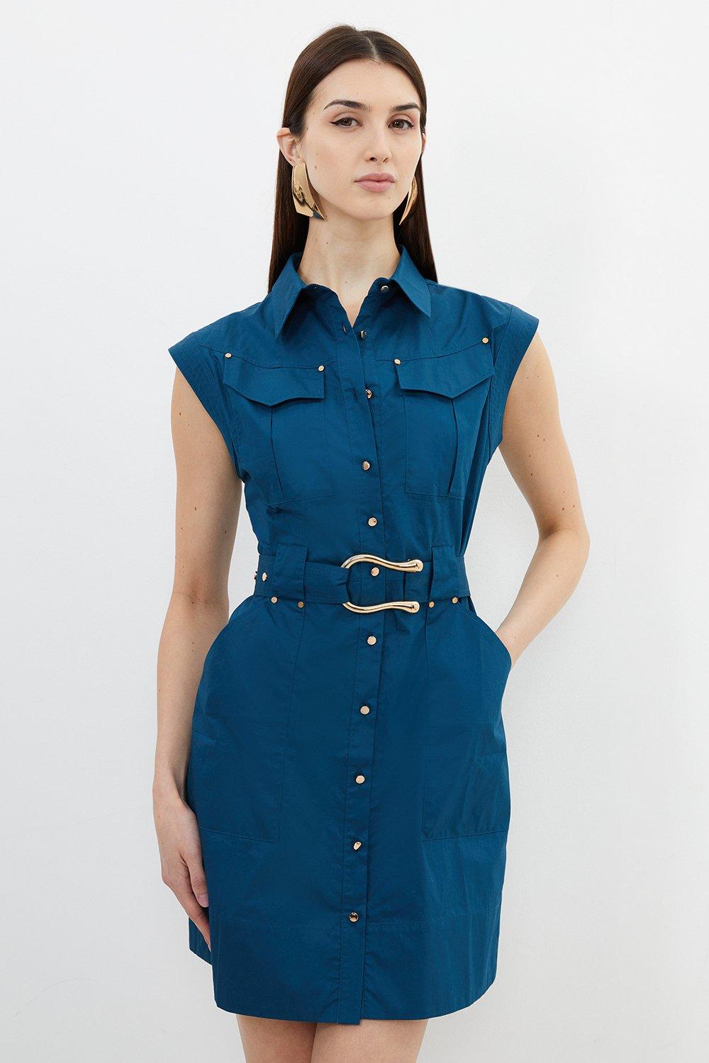 Cotton Sateen Buckled Woven Shirt Mini Dress | Karen Millen