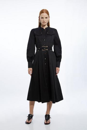 Black Cotton Sateen Button Detail Woven Midi Shirt Dress