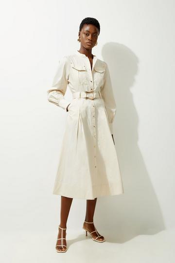 Cotton Sateen Button Detail Woven Midi Shirt Dress stone