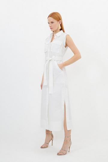 White Cotton Sateen Pocket Detail Woven Maxi Shirt Dress