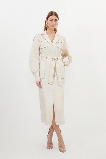 Cotton Sateen Woven Midi Shirt Dress stone