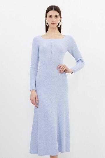 Premium Wool Blend Fashioned Rib Knit Square Neck Midi Dress pale blue