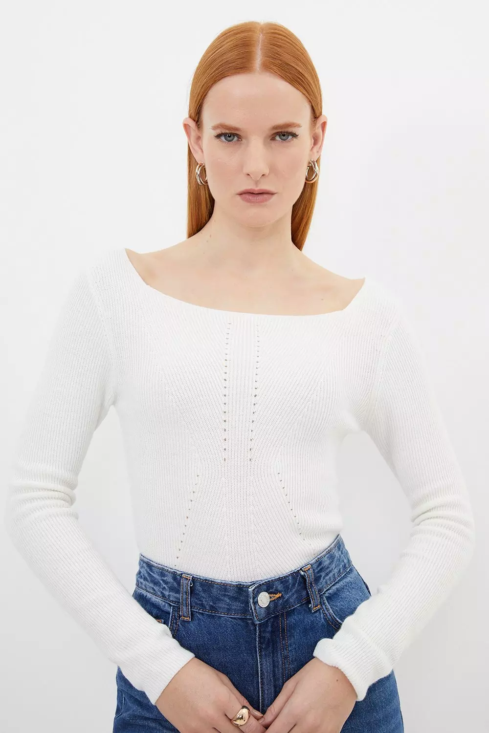 Premium Wool Blend Fashioned Rib Knit Square Neck Knit Top | Karen Millen