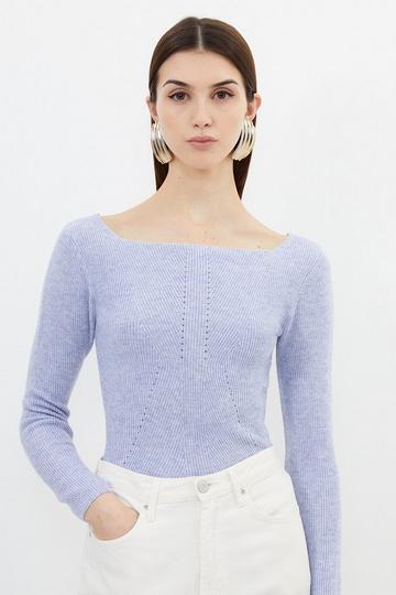 Blue Premium Wool Blend Fashioned Rib Knit Square Neck Knit Top