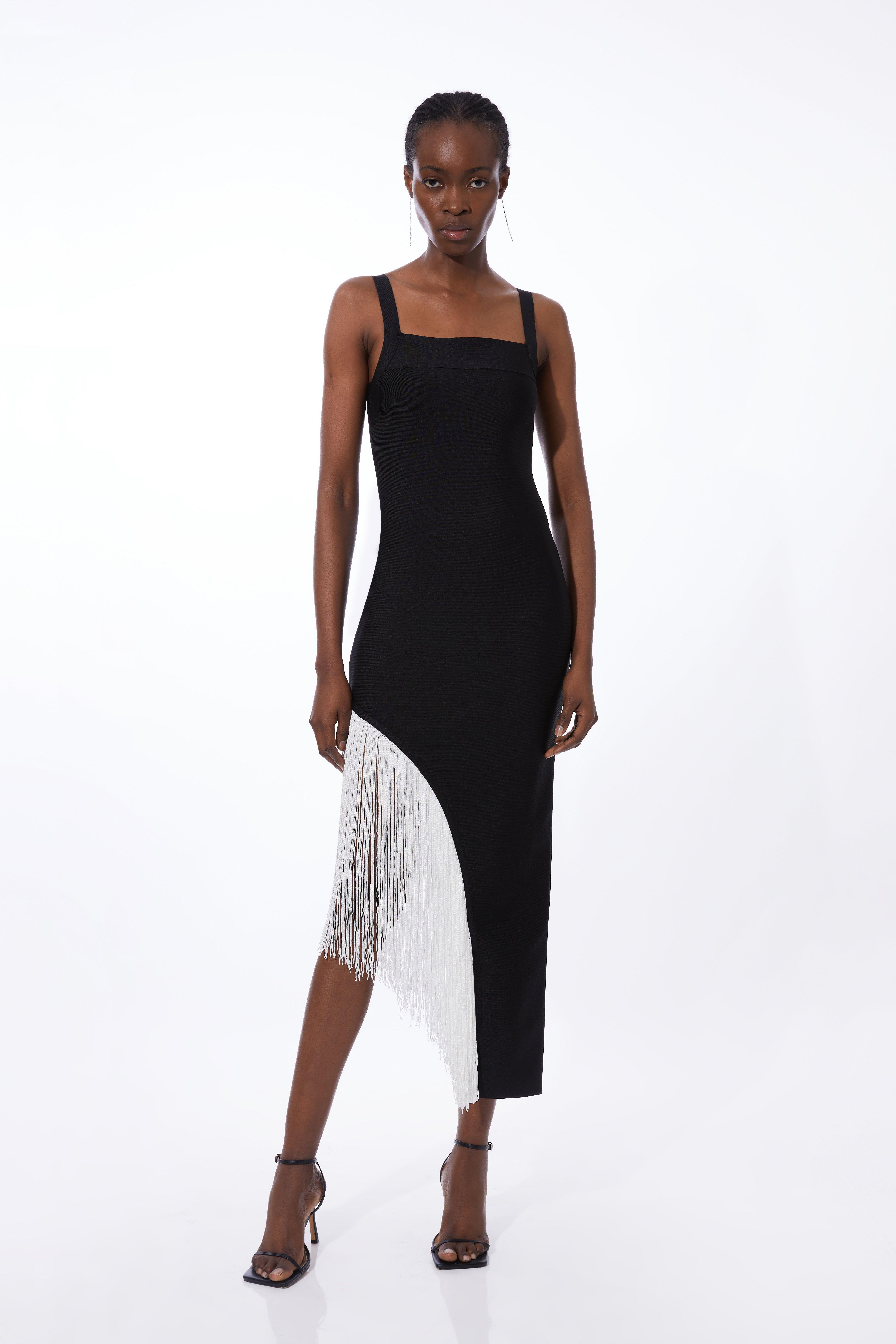 Petite Figure Form Bandage Asymmetric Fringe Hem Knit Dress | Karen Millen