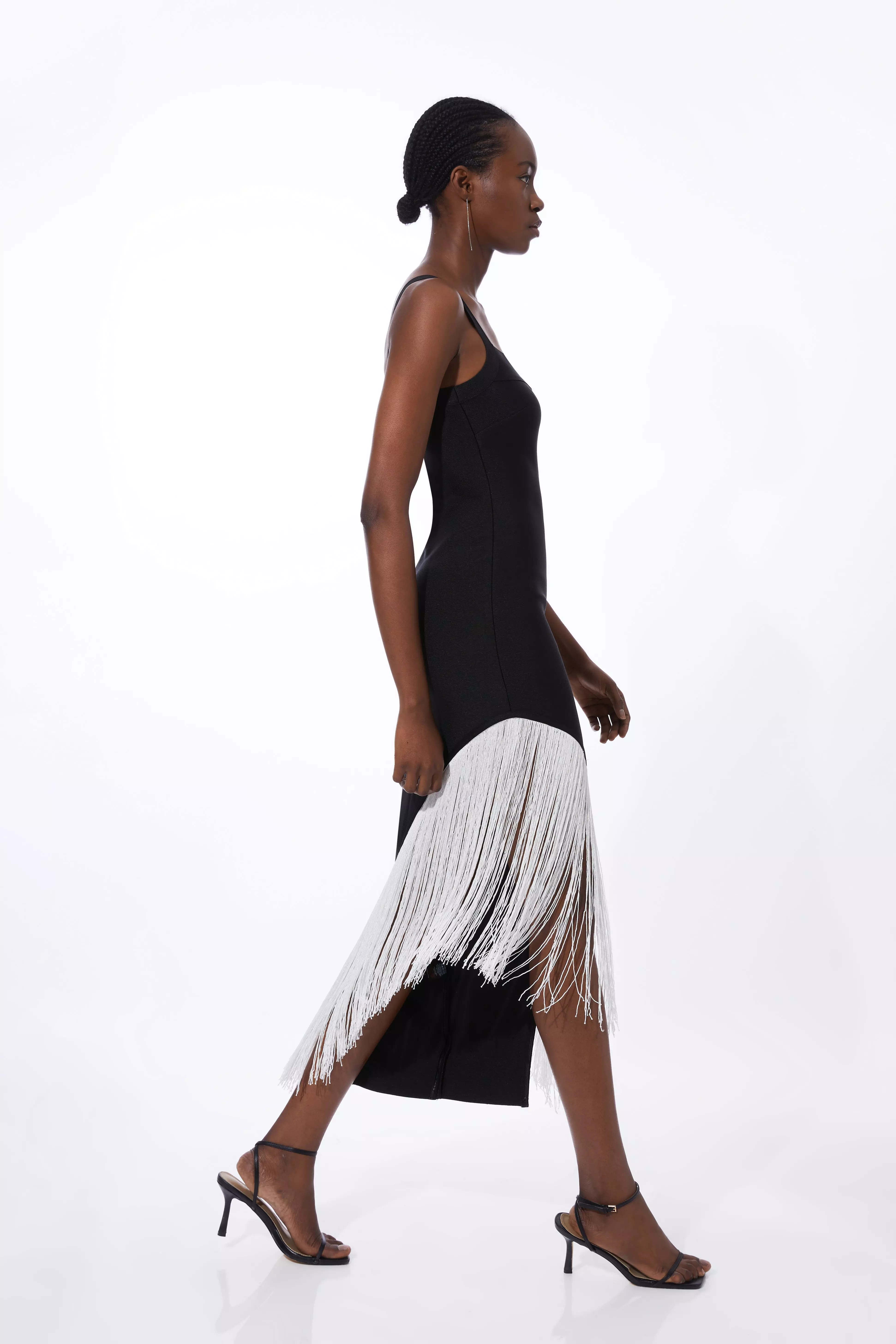 Petite Figure Form Bandage Asymmetric Fringe Hem Knit Dress | Karen Millen