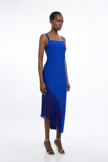 Figure Form Bandage Asymmetric Fringe Hem Knit Dress cobalt