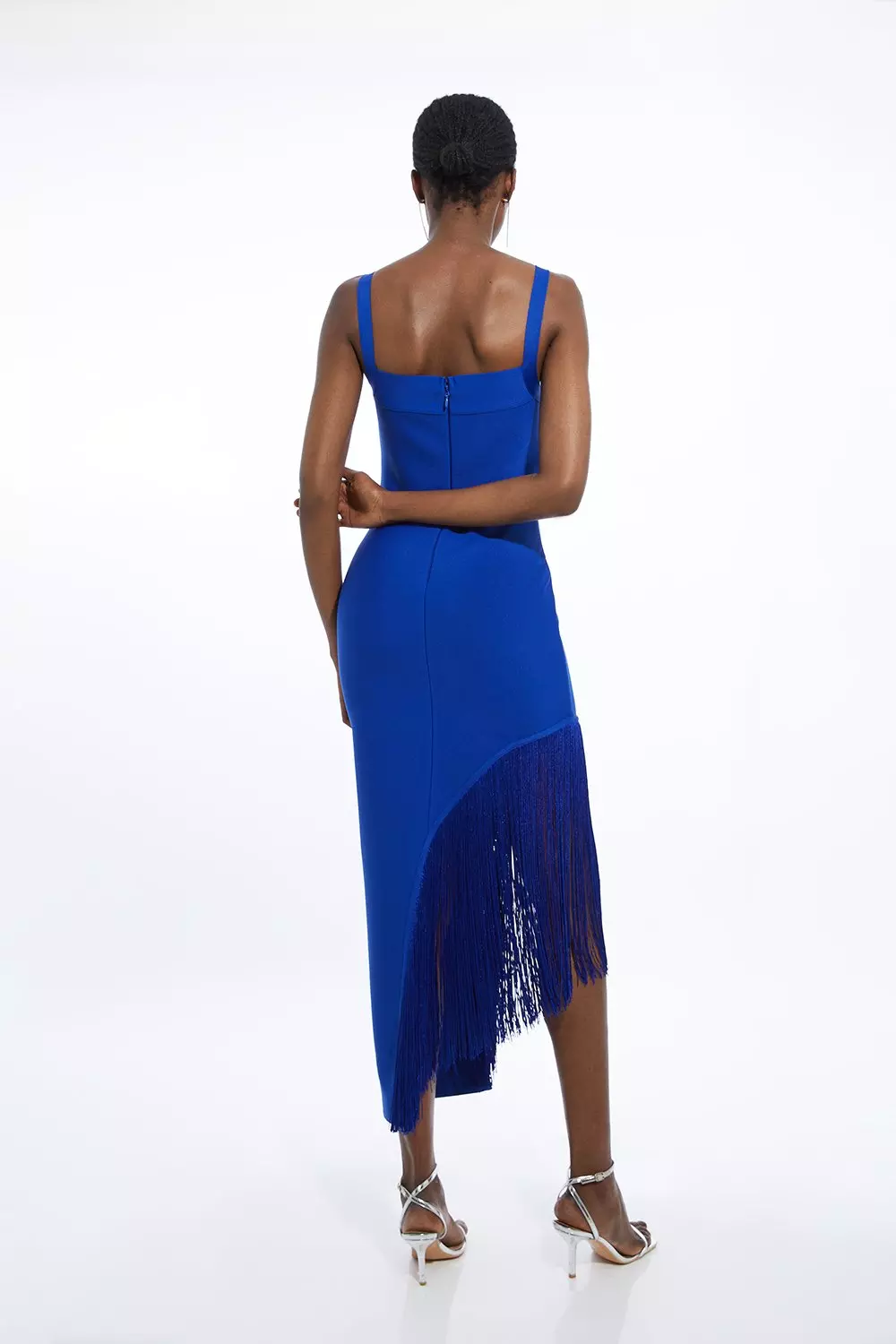 Figure Form Bandage Asymmetric Fringe Hem Knit Dress | Karen