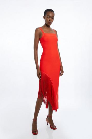 Figure Form Bandage Asymmetric Fringe Hem Knit Dress red