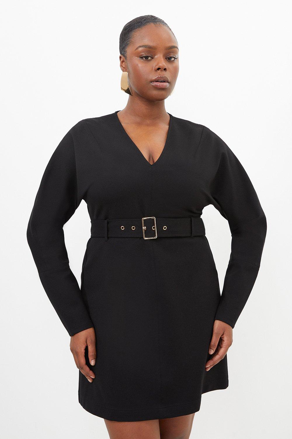 Plus Size V Neck Belted Ponte Jersey Mini Dress - Discount £30