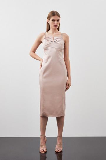 Blush Pink Tailored Italian Structured Satin Tuck Detail Pencil Dress