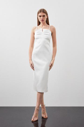 Tailored Italian Structured Satin Tuck Detail Pencil Dress ivory