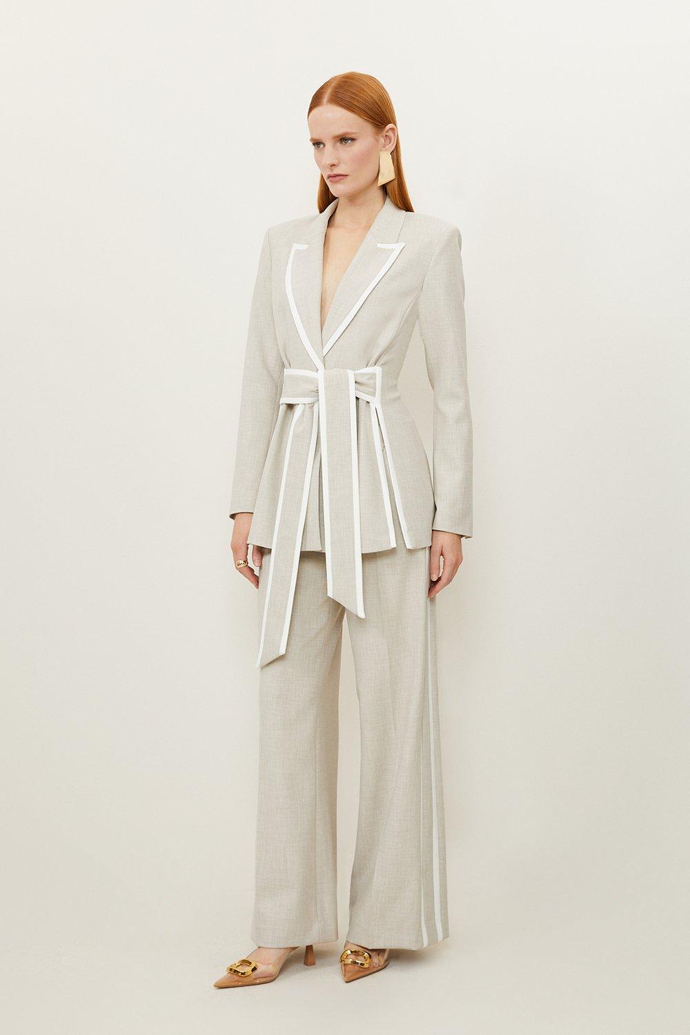 Natural Melange Tailored Belted Tipped Detail Blazer