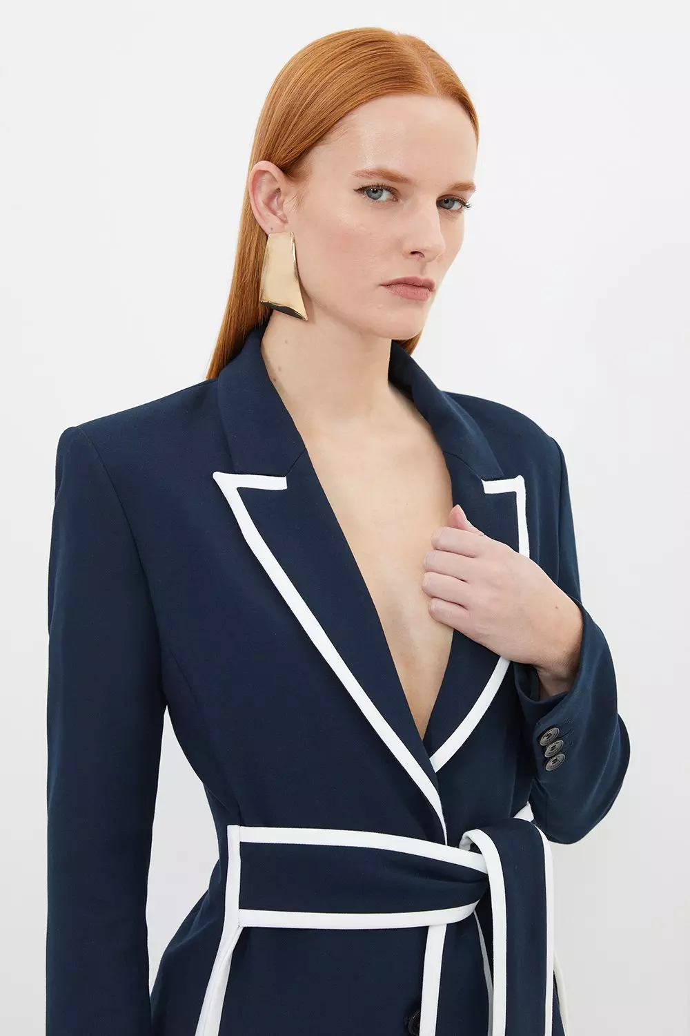 Compact Stretch Tailored Belted Tipped Detail Blazer Karen Millen