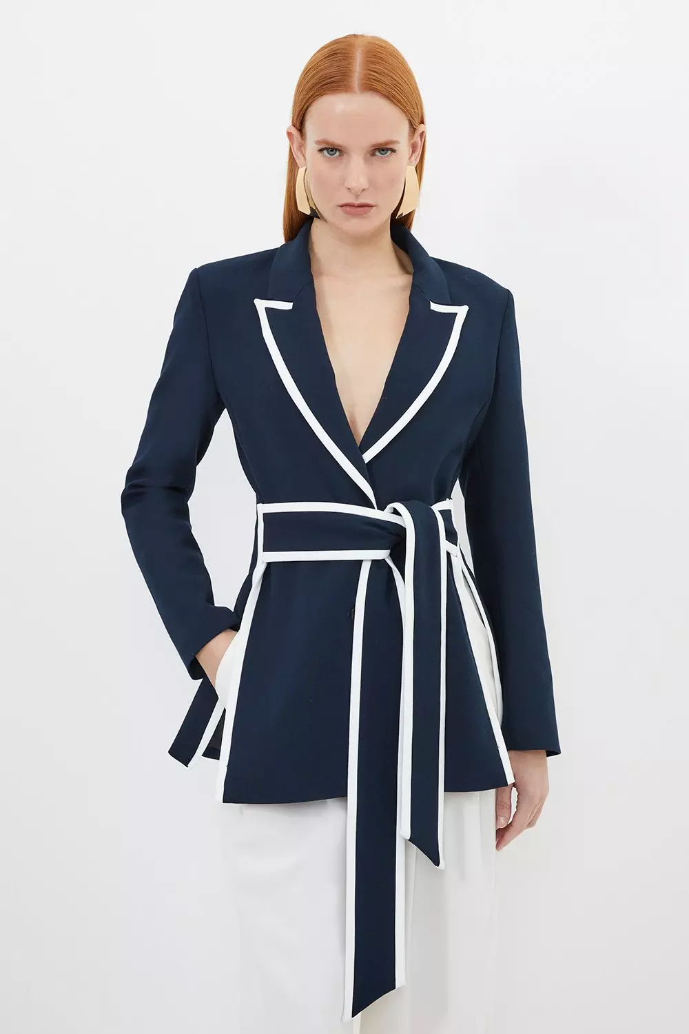 Compact Stretch Tailored Belted Tipped Detail Blazer Karen Millen
