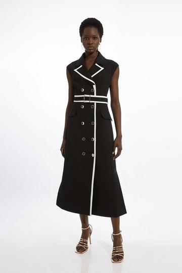 Black Compact Stretch Double Breasted Belted Tipped Tailored Midi Dress