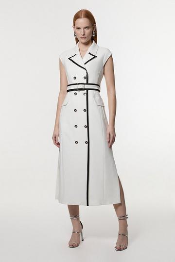 Compact Stretch Double Breasted Belted Tipped Tailored Midi Dress ivory